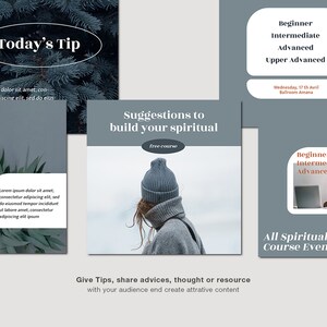 Peut inclure: Plusieurs graphiques pour les r&eacute;seaux sociaux annon&ccedil;ant des formations et des cours spirituels. Les graphiques contiennent du texte tel que &laquo;&nbsp;Conseil du jour&nbsp;&raquo;, &laquo;&nbsp;Formation spirituelle gratuite d'un mois&nbsp;&raquo; et &laquo;&nbsp;Suggestions pour d&eacute;velopper votre spiritualit&eacute;&nbsp;&raquo;.