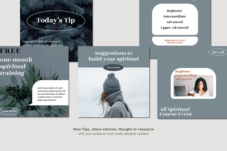 Peut inclure: Plusieurs graphiques pour les r&eacute;seaux sociaux annon&ccedil;ant des formations et des cours spirituels. Les graphiques contiennent du texte tel que &laquo;&nbsp;Conseil du jour&nbsp;&raquo;, &laquo;&nbsp;Formation spirituelle gratuite d'un mois&nbsp;&raquo; et &laquo;&nbsp;Suggestions pour d&eacute;velopper votre spiritualit&eacute;&nbsp;&raquo;.