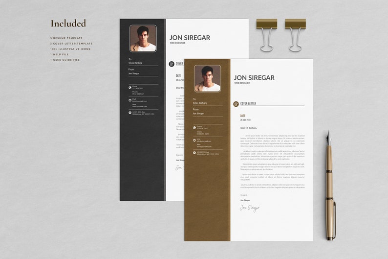 Puede incluir: Un conjunto de plantillas de curr&iacute;culum vitae y una carta de presentaci&oacute;n, con foto y datos de contacto. El dise&ntilde;o utiliza una combinaci&oacute;n de colores negro y marr&oacute;n, con un bol&iacute;grafo dorado y clips. El texto incluye el nombre "Jon Siregar" y "Web Designer".