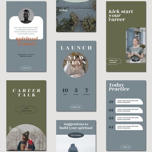 Peut inclure: Ensemble de graphiques pour les r&eacute;seaux sociaux sur le th&egrave;me spirituel. Les graphiques pr&eacute;sentent du texte tel que "Spiritual Trainer", "Launch New Plan", "Career Talk" et "Free one month spiritual training". La palette de couleurs comprend des nuances de gris, de vert et de blanc.