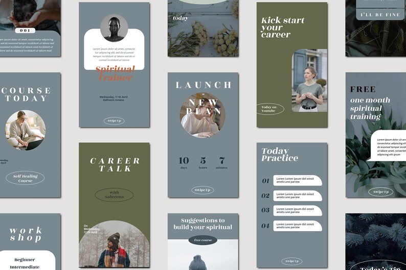 Peut inclure: Ensemble de graphiques pour les r&eacute;seaux sociaux sur le th&egrave;me spirituel. Les graphiques pr&eacute;sentent du texte tel que "Spiritual Trainer", "Launch New Plan", "Career Talk" et "Free one month spiritual training". La palette de couleurs comprend des nuances de gris, de vert et de blanc.