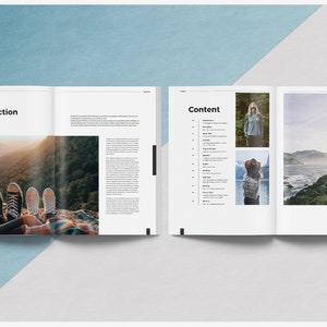 May include: Open magazine with the title "Introduction" and "Content" on the pages. The magazine features photographs of people in nature and text. The cover has a blue and white background. The "Blanca Creative Lab" logo is visible.