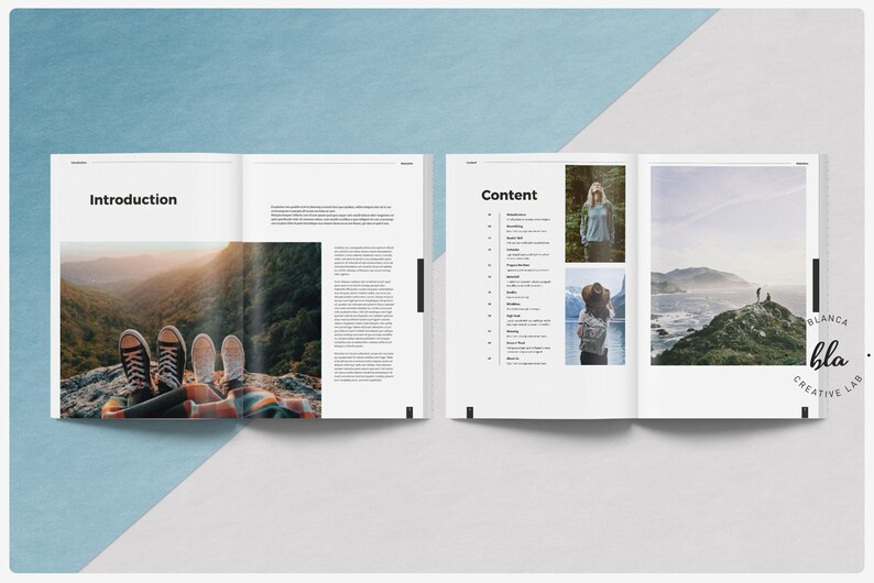 May include: Open magazine with the title "Introduction" and "Content" on the pages. The magazine features photographs of people in nature and text. The cover has a blue and white background. The "Blanca Creative Lab" logo is visible.