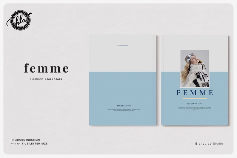 K&ouml;nnte beinhalten: Ein Mode-Lookbook mit dem Titel "femme" in Wei&szlig; und Hellblau. Das Cover zeigt ein Foto einer Frau in Winterkleidung. Das Wort "FEMME" ist prominent dargestellt.