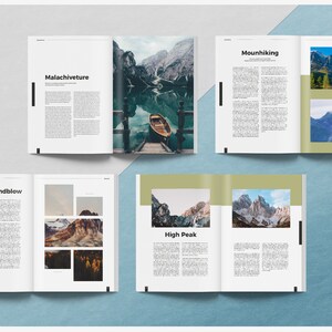 May include: Open magazine pages with articles and images about nature and travel. The pages feature titles like "Malachiveture," "Mounhiking," "Windblow," and "High Peak." The "blanca creative lab" logo is in the corner.