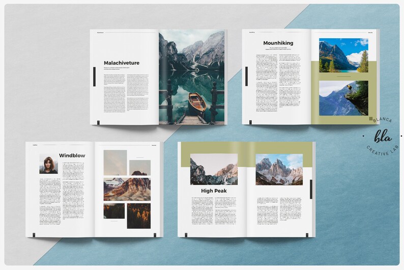May include: Open magazine pages with articles and images about nature and travel. The pages feature titles like "Malachiveture," "Mounhiking," "Windblow," and "High Peak." The "blanca creative lab" logo is in the corner.