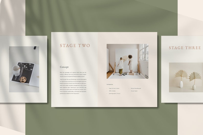 Puede incluir: Una presentaci&oacute;n de tres paneles con una est&eacute;tica minimalista. El panel central dice "STAGE TWO" y "Concept", con texto que describe una campa&ntilde;a de productos. El panel izquierdo muestra una taza de caf&eacute; y un libro. El panel derecho muestra dos jarrones con plantas secas.