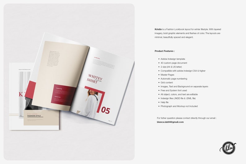 Puede incluir: Dise&ntilde;o de lookbook de moda con im&aacute;genes en capas y elementos gr&aacute;ficos llamativos. El dise&ntilde;o presenta una combinaci&oacute;n de colores blanco y rojo, con el texto "WHITEY SHIRT" y el n&uacute;mero "05" visibles en las p&aacute;ginas abiertas.