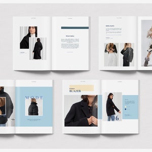 K&ouml;nnte beinhalten: Eine Modeseitenanzeige mit Winterkleidung. Die Seiten zeigen Bilder von M&auml;nteln, Blazern und anderen Kleidungsst&uuml;cken. Das Layout enth&auml;lt Text und Designelemente in einem klaren, modernen Stil, mit Fokus auf Wintermode.