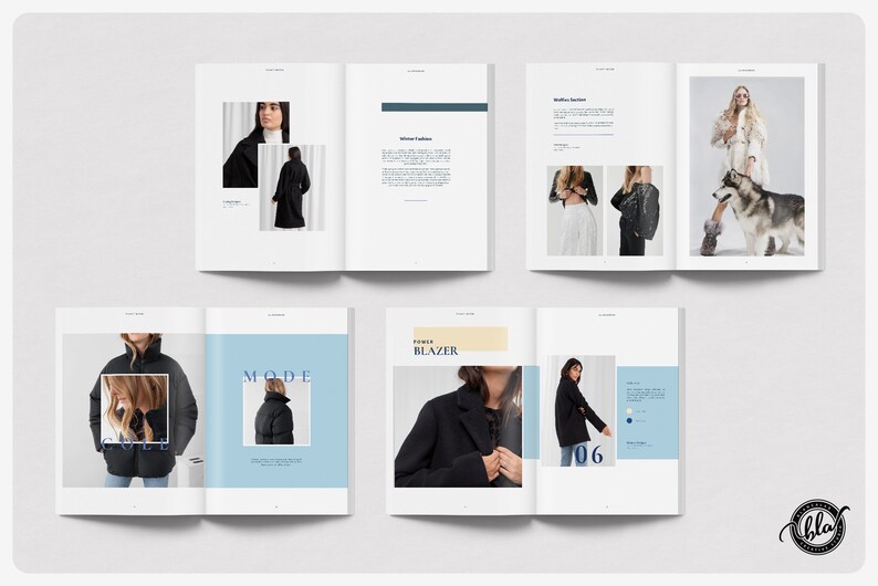 K&ouml;nnte beinhalten: Eine Modeseitenanzeige mit Winterkleidung. Die Seiten zeigen Bilder von M&auml;nteln, Blazern und anderen Kleidungsst&uuml;cken. Das Layout enth&auml;lt Text und Designelemente in einem klaren, modernen Stil, mit Fokus auf Wintermode.