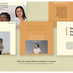 Pu&ograve; includere: Una raccolta di post sui social media con una tavolozza di colori neutri. I post presentano citazioni, testo e immagini di donne. Il testo include frasi come "Everyday Fashion" e "You Decide Today."