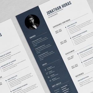 Puede incluir: Una plantilla de curr&iacute;culum vitae profesional con un dise&ntilde;o moderno. El curr&iacute;culum incluye una foto, informaci&oacute;n de contacto, experiencia laboral, educaci&oacute;n y habilidades. La combinaci&oacute;n de colores es principalmente blanca y azul marino.