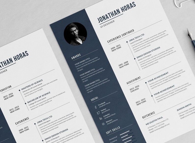 Puede incluir: Una plantilla de curr&iacute;culum vitae profesional con un dise&ntilde;o moderno. El curr&iacute;culum incluye una foto, informaci&oacute;n de contacto, experiencia laboral, educaci&oacute;n y habilidades. La combinaci&oacute;n de colores es principalmente blanca y azul marino.