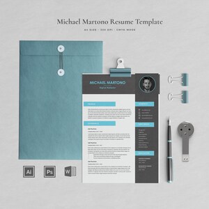May include: A resume template with the name "Michael Martono" and the title "Digital Marketer". The design includes a teal envelope, paper clips, a pen, and a gray and white resume layout. The text "Michael Martono Resume Template" is at the top.