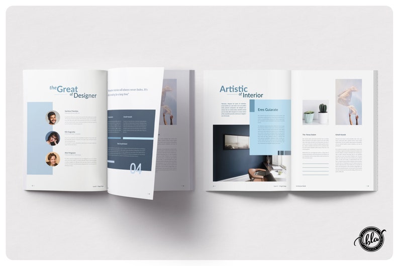 May include: Open magazine spread with the titles "the Great of Designer" and "Artistic of Interior." Pages feature text, images, and blue and gray design elements. The magazine showcases interior design concepts and designer profiles.