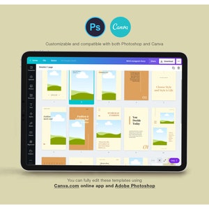 Pu&ograve; includere: Un tablet mostra modelli di storie di Instagram con una combinazione di colori verde e marrone. I modelli sono compatibili con Photoshop e Canva. Il testo sullo schermo include "Fashion meets art" e "You Decide Today".