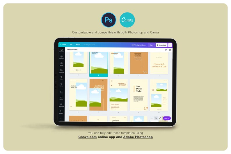 Pu&ograve; includere: Un tablet mostra modelli di storie di Instagram con una combinazione di colori verde e marrone. I modelli sono compatibili con Photoshop e Canva. Il testo sullo schermo include "Fashion meets art" e "You Decide Today".