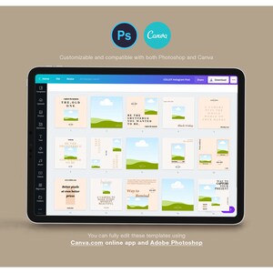 Puede incluir: Una tableta digital muestra varias plantillas de redes sociales con esquemas de color verde y beige. Las plantillas est&aacute;n dise&ntilde;adas para usarse con Canva y Photoshop, como indican los logotipos en la parte superior. El texto en la pantalla incluye frases como "THE OLD ONE" y "Way to Remind".