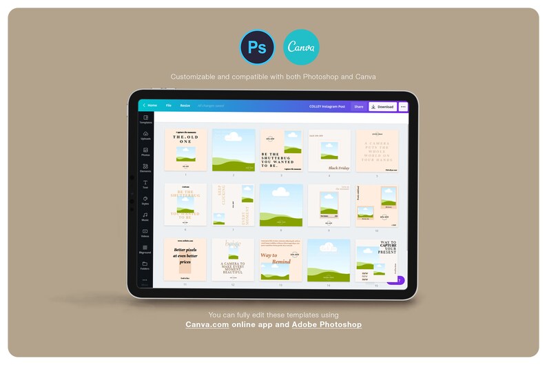 Puede incluir: Una tableta digital muestra varias plantillas de redes sociales con esquemas de color verde y beige. Las plantillas est&aacute;n dise&ntilde;adas para usarse con Canva y Photoshop, como indican los logotipos en la parte superior. El texto en la pantalla incluye frases como "THE OLD ONE" y "Way to Remind".