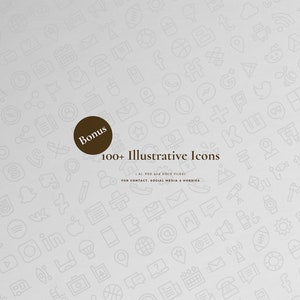 Puede incluir: Un fondo gris claro est&aacute; cubierto con un patr&oacute;n de peque&ntilde;os iconos grises claros. Un c&iacute;rculo marr&oacute;n con la palabra "Bonus" y el texto "100+ Illustrative Icons" est&aacute; en el centro. El texto "For contact, social media & hobbies" est&aacute; debajo.