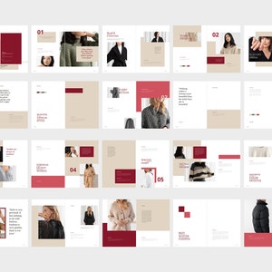 Puede incluir: Dise&ntilde;o de p&aacute;ginas de revistas de moda con un dise&ntilde;o minimalista. Las p&aacute;ginas presentan im&aacute;genes de ropa, incluyendo su&eacute;teres y abrigos, con texto y bloques de color en rojo y beige. El tema es la moda de invierno.