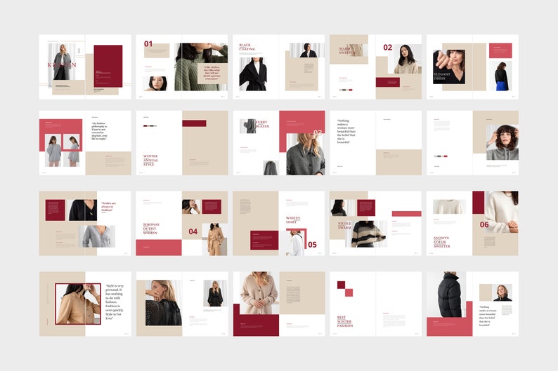 Puede incluir: Dise&ntilde;o de p&aacute;ginas de revistas de moda con un dise&ntilde;o minimalista. Las p&aacute;ginas presentan im&aacute;genes de ropa, incluyendo su&eacute;teres y abrigos, con texto y bloques de color en rojo y beige. El tema es la moda de invierno.