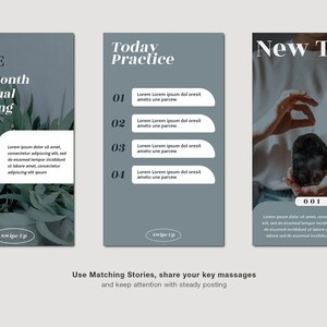 Peut inclure: Graphique num&eacute;rique avec trois panneaux verticaux. Le premier panneau indique "FORMATION spirituelle gratuite d'un mois" avec une plante. Le deuxi&egrave;me panneau indique "Pratique du jour" avec des points num&eacute;rot&eacute;s. Le troisi&egrave;me panneau indique "Nouveaux conseils".