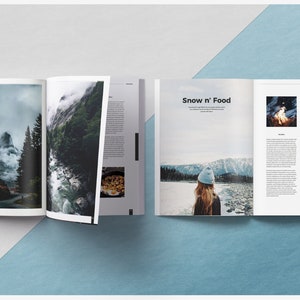May include: A magazine spread with the title "Snow n' Food" and landscape photography. The left pages feature a mountain scene and a waterfall. The right pages include a photo of a person in a hat and a food photo.