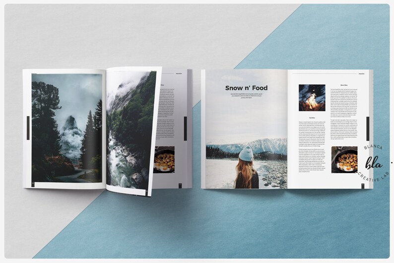 May include: A magazine spread with the title "Snow n' Food" and landscape photography. The left pages feature a mountain scene and a waterfall. The right pages include a photo of a person in a hat and a food photo.