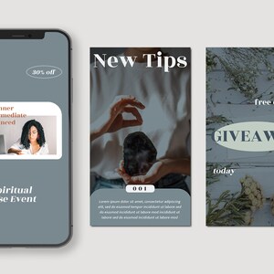 Peut inclure: Un &eacute;cran de smartphone affiche trois graphiques promotionnels. L'un annonce une r&eacute;duction de 30% sur un &eacute;v&eacute;nement de cours spirituels, un autre promeut "New Tips", et le troisi&egrave;me offre un cadeau. Les graphiques pr&eacute;sentent du texte et des images li&eacute;es &agrave; la spiritualit&eacute;.