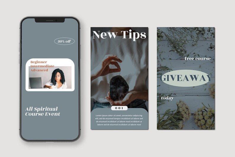 Peut inclure: Un &eacute;cran de smartphone affiche trois graphiques promotionnels. L'un annonce une r&eacute;duction de 30% sur un &eacute;v&eacute;nement de cours spirituels, un autre promeut "New Tips", et le troisi&egrave;me offre un cadeau. Les graphiques pr&eacute;sentent du texte et des images li&eacute;es &agrave; la spiritualit&eacute;.