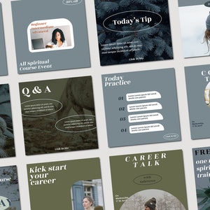 Peut inclure: Plusieurs publications sur les r&eacute;seaux sociaux avec un design coh&eacute;rent. Les publications pr&eacute;sentent du texte tel que &laquo; Atelier &raquo;, &laquo; Conseil du jour &raquo;, &laquo; Q&R &raquo; et &laquo; Entretien d'embauche &raquo;. La palette de couleurs comprend des nuances de gris, de vert et de blanc, avec des images de personnes et de la nature.