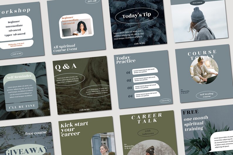 Peut inclure: Plusieurs publications sur les r&eacute;seaux sociaux avec un design coh&eacute;rent. Les publications pr&eacute;sentent du texte tel que &laquo; Atelier &raquo;, &laquo; Conseil du jour &raquo;, &laquo; Q&R &raquo; et &laquo; Entretien d'embauche &raquo;. La palette de couleurs comprend des nuances de gris, de vert et de blanc, avec des images de personnes et de la nature.