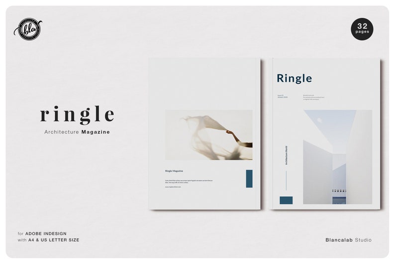 May include: Two white magazine covers with the title "Ringle" and "Architecture Magazine" in black text. One cover features a photo of a person holding a white cloth. The other cover has a minimalist design with the title "Ringle" in blue.