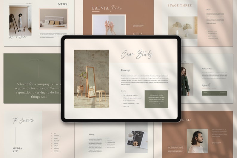 Puede incluir: Una tableta digital muestra una presentaci&oacute;n con una paleta de colores neutros. La presentaci&oacute;n incluye texto e im&aacute;genes, con las palabras "Case Study" y "Media Kit" visibles. El tema general es una presentaci&oacute;n de negocios o marketing.