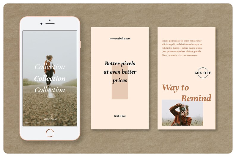 Puede incluir: Un smartphone muestra un gr&aacute;fico promocional con la palabra "Collection" repetida. El gr&aacute;fico tambi&eacute;n incluye el texto "Better pixels at even better prices" y "Way to Remind". Tambi&eacute;n es visible un c&iacute;rculo con el 50% de descuento.