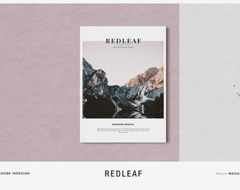 Plantilla de revista Redleaf Nature, folleto de marketing para Indesign, plantilla digital para fotógrafo, blogger, estilo de vida