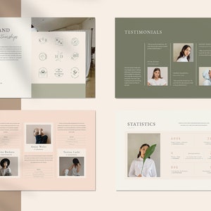 Puede incluir: Dise&ntilde;o de dise&ntilde;o con p&aacute;ginas que muestran texto e im&aacute;genes. La p&aacute;gina superior izquierda tiene el texto "BRAND Partnerships" en escritura. Otras p&aacute;ginas muestran "TESTIMONIALS" y "STATISTICS" con fotos y datos. La combinaci&oacute;n de colores es neutra con acentos rosas y verdes suaves.