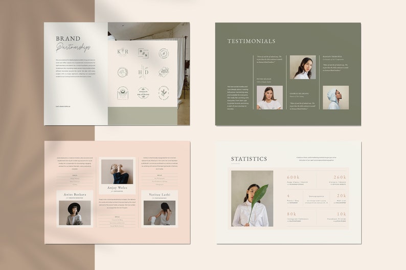 Puede incluir: Dise&ntilde;o de dise&ntilde;o con p&aacute;ginas que muestran texto e im&aacute;genes. La p&aacute;gina superior izquierda tiene el texto "BRAND Partnerships" en escritura. Otras p&aacute;ginas muestran "TESTIMONIALS" y "STATISTICS" con fotos y datos. La combinaci&oacute;n de colores es neutra con acentos rosas y verdes suaves.