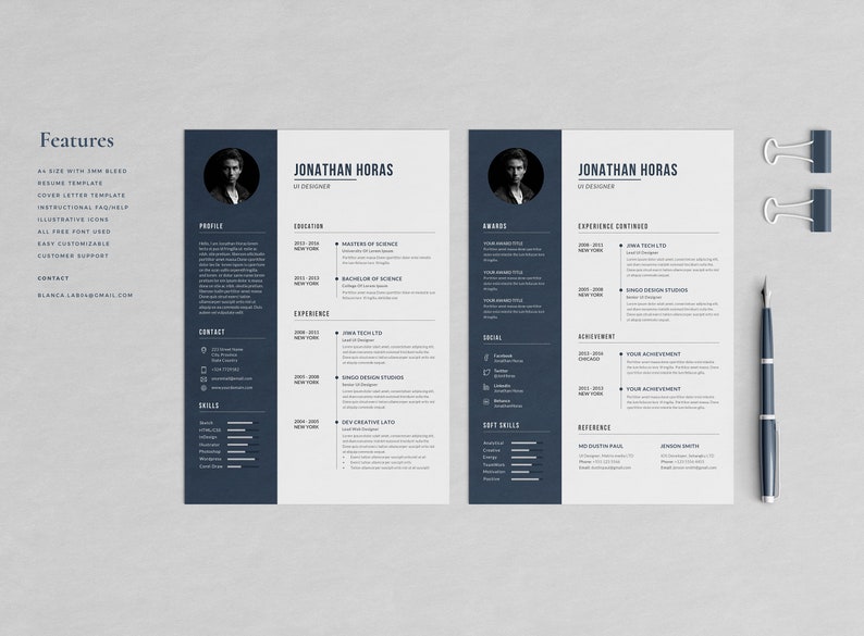Puede incluir: Plantilla de curr&iacute;culum vitae de dos p&aacute;ginas con un dise&ntilde;o en azul oscuro y blanco. El curr&iacute;culum incluye secciones para perfil, educaci&oacute;n, experiencia, premios y habilidades. Un bol&iacute;grafo y dos clips est&aacute;n a la derecha. El nombre "Jonathan Horas" est&aacute; en la parte superior.