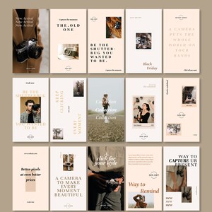 Puede incluir: Plantillas de historias de Instagram en tonos beige y marr&oacute;n, que muestran c&aacute;maras y texto como "New Arrival" y "Black Friday". Los dise&ntilde;os incluyen frases como "Capture the moments" y "Way to Remind."