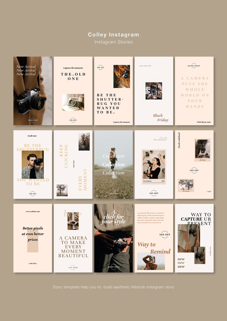 Puede incluir: Plantillas de historias de Instagram en tonos beige y marr&oacute;n, que muestran c&aacute;maras y texto como "New Arrival" y "Black Friday". Los dise&ntilde;os incluyen frases como "Capture the moments" y "Way to Remind."