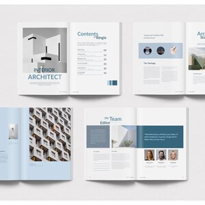 May include: A spread of open magazines with the title "INTERIOR ARCHITECT" on the cover. The pages feature architectural photography, articles, and the magazine's table of contents. The color scheme is primarily white and light blue.