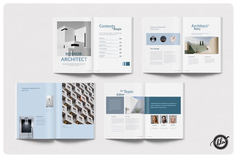 May include: A spread of open magazines with the title "INTERIOR ARCHITECT" on the cover. The pages feature architectural photography, articles, and the magazine's table of contents. The color scheme is primarily white and light blue.