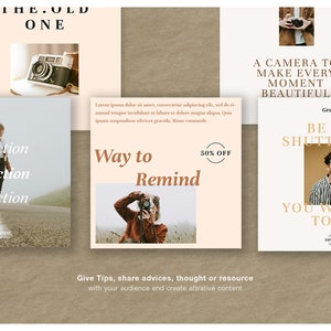 Puede incluir: Una colecci&oacute;n de publicaciones en redes sociales con una c&aacute;mara vintage, una persona con una c&aacute;mara y texto. Las publicaciones tienen una paleta de colores neutros con texto que dice "The Old One", "Way to Remind" y "Be the Shutterbug".