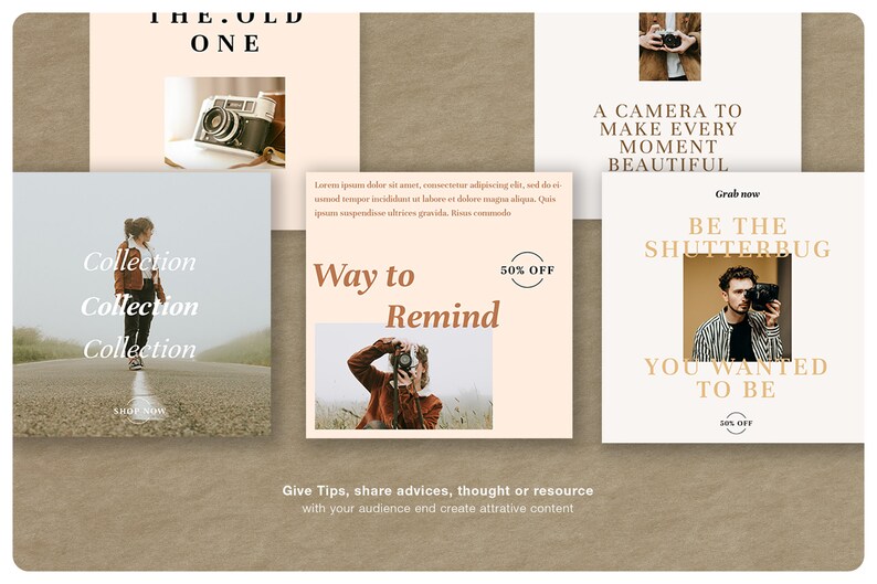 Puede incluir: Una colecci&oacute;n de publicaciones en redes sociales con una c&aacute;mara vintage, una persona con una c&aacute;mara y texto. Las publicaciones tienen una paleta de colores neutros con texto que dice "The Old One", "Way to Remind" y "Be the Shutterbug".