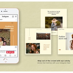 Pu&ograve; includere: Uno smartphone mostra un feed di Instagram con post a tema moda. Il feed include immagini con testo come "Fashion is Nothing but Choice" e "Fashion meets soul". L'estetica generale &egrave; moderna ed elegante, con un focus sulla narrazione visiva.