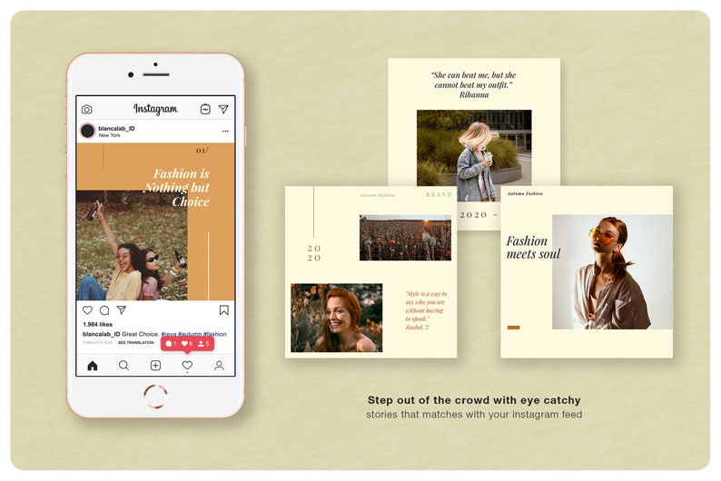 Pu&ograve; includere: Uno smartphone mostra un feed di Instagram con post a tema moda. Il feed include immagini con testo come "Fashion is Nothing but Choice" e "Fashion meets soul". L'estetica generale &egrave; moderna ed elegante, con un focus sulla narrazione visiva.