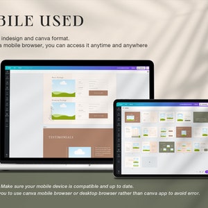 Puede incluir: Un port&aacute;til y una tableta que muestran una interfaz de dise&ntilde;o web. El port&aacute;til muestra una p&aacute;gina web con una combinaci&oacute;n de colores marr&oacute;n y blanco, mientras que la tableta muestra m&uacute;ltiples dise&ntilde;os. El texto en la parte superior dice "MOBILE USED".