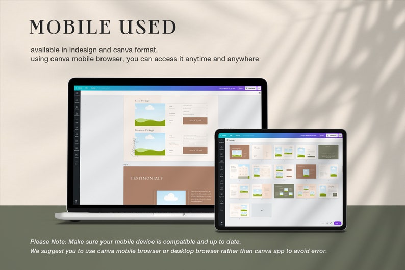 Puede incluir: Un port&aacute;til y una tableta que muestran una interfaz de dise&ntilde;o web. El port&aacute;til muestra una p&aacute;gina web con una combinaci&oacute;n de colores marr&oacute;n y blanco, mientras que la tableta muestra m&uacute;ltiples dise&ntilde;os. El texto en la parte superior dice "MOBILE USED".